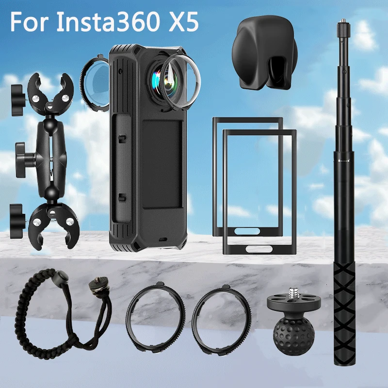 

Accessories Set for Insta360 X5 Tempered Glass Film Selfie Stick Silicone Protective Cover Motorcycle Bracket for Insta360 X5