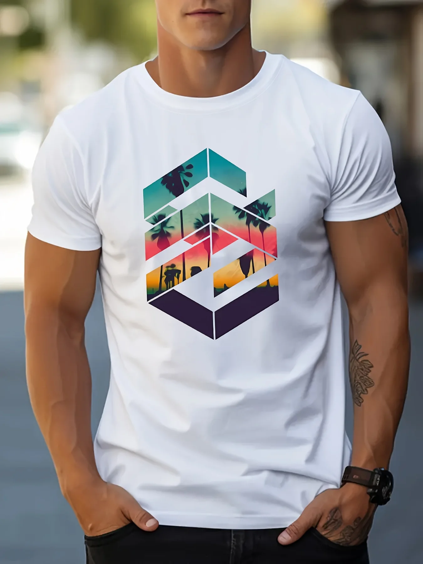 

Geometric print fashionable men's T-shirt summer casual top comfortable and fashionable round-neck short-sleeved r