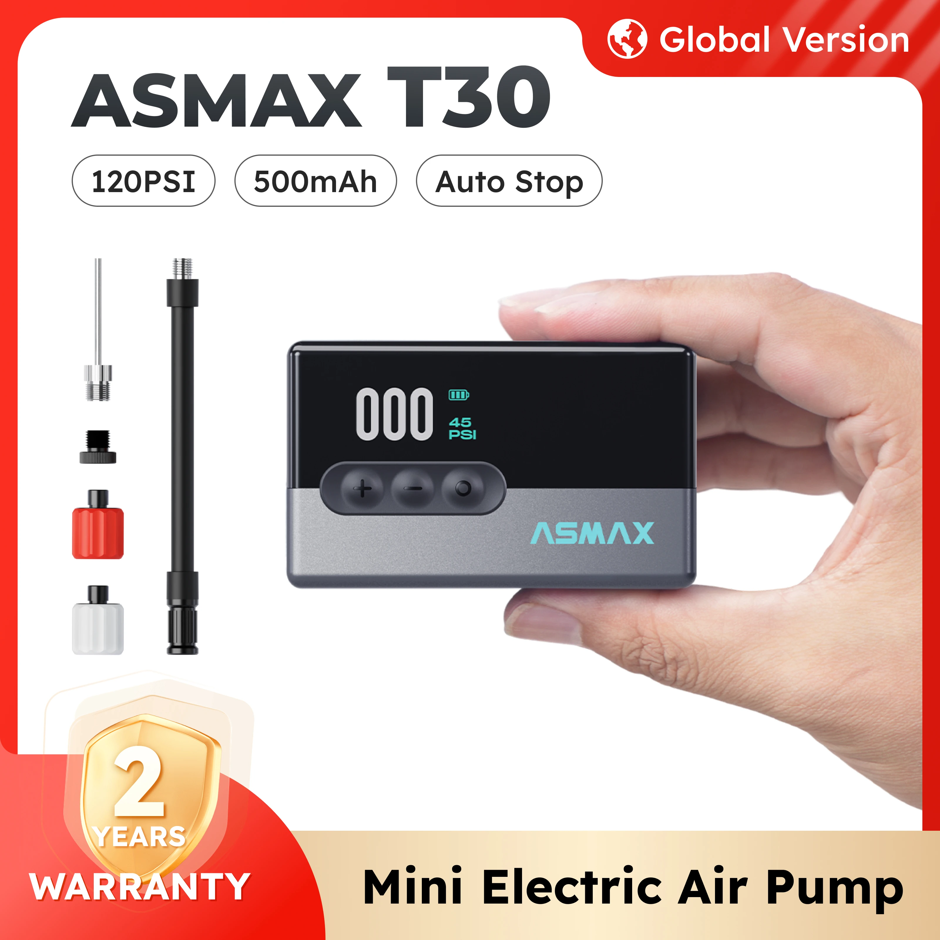 ASMAX T30 Mini Portable Air Pump 120PSI Compact Electric Inflator with Screen, USB Fast Charging Lightweight Tire Pump for Bikes