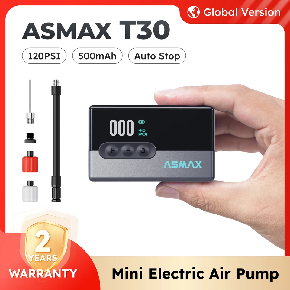 ASMAX T30 ミニ空気入れ 120PSI USB充電式 軽量自転車用