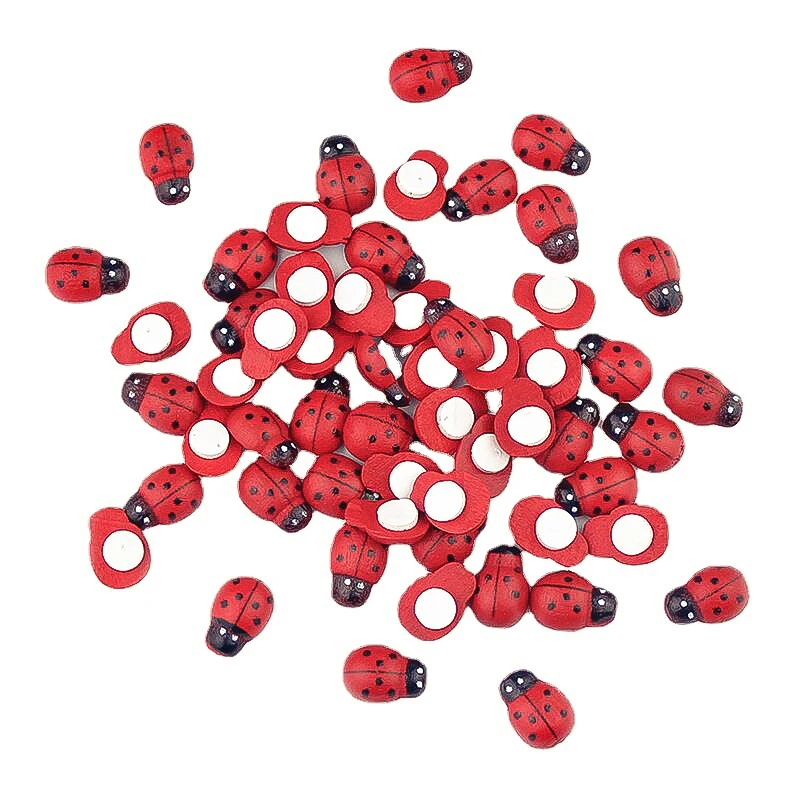 100Pcs Mini Wooden Ladybird Ladybug Self-adhesive Sticker Children Painted DIY Crafts Fairy Garden Figurine Miniature Home Decor