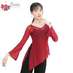 Women Line Dance Costume Top Long Flared Sleeve Shirt Chinese Folk Dancewear Classical Performance Practice Clothes Hanfu Blouse