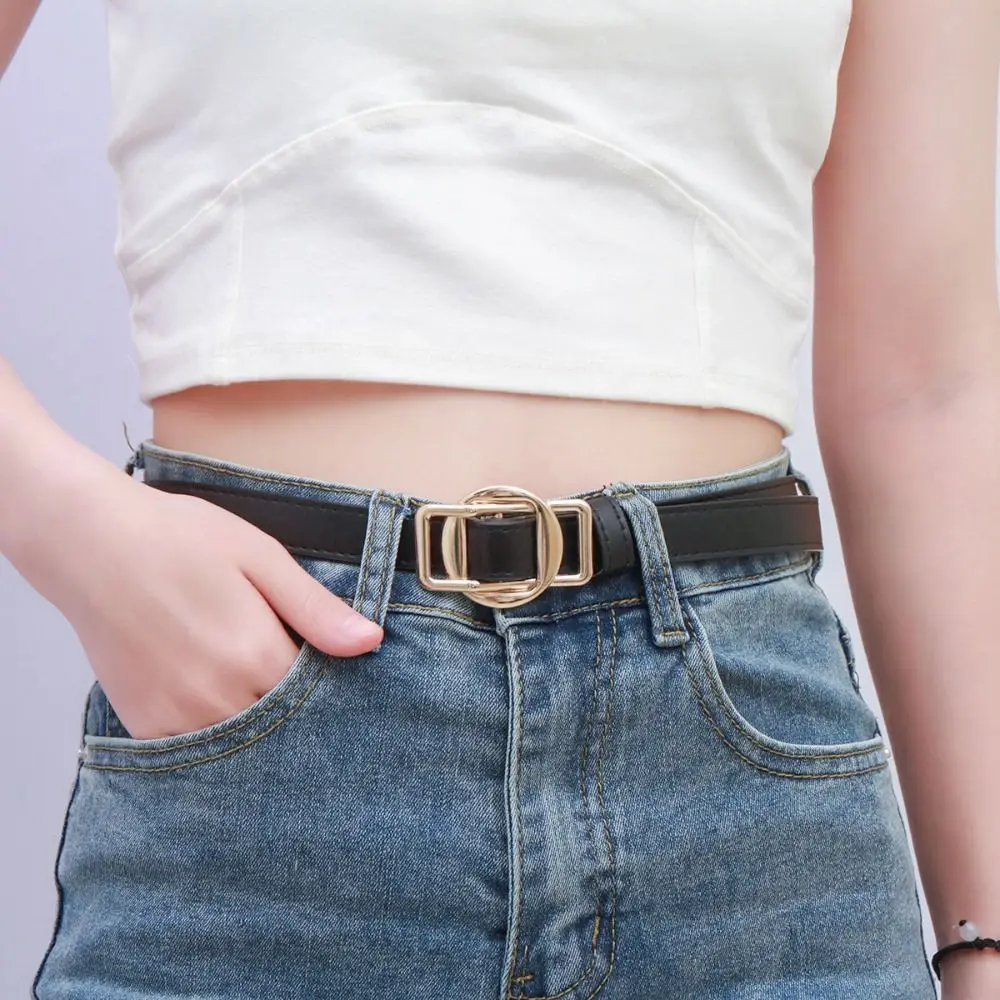 

Chic Luxury Design Leather Belt Casual Versatile Thin Waist Strap Non-Porous Buckle Waistband