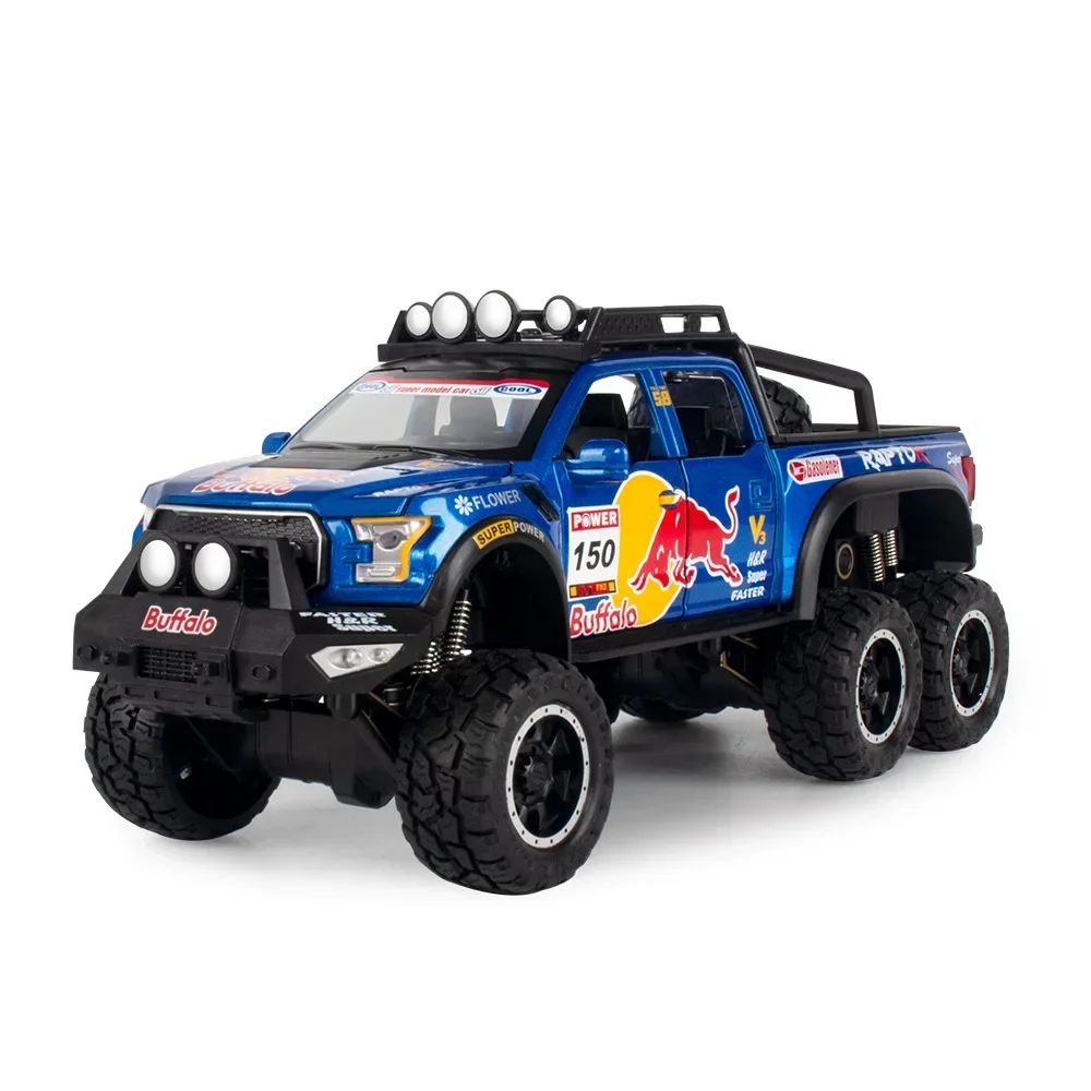 1:28 Grande RUOTA Ford F150 6x6 fuoristrada Pressofuso in lega di metallo Modello Tirare indietro Suono Luce Auto Collezione regalo per bambini A440