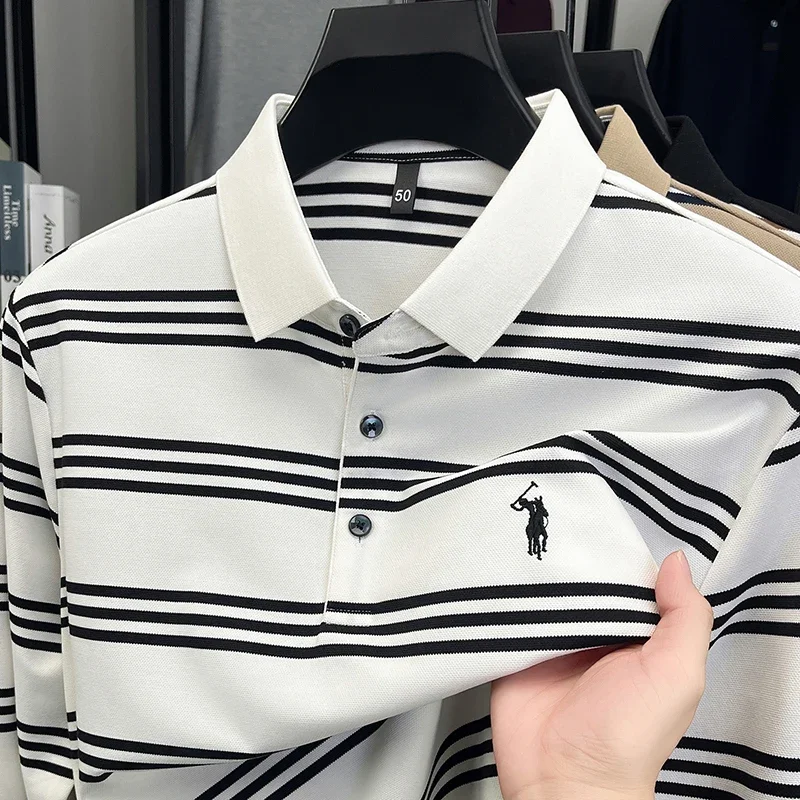 High End Striped Lapel Long Sleeved T-shirt for Men in Spring and Autumn, High-quality Long Staple Cotton Polo Shirt Top