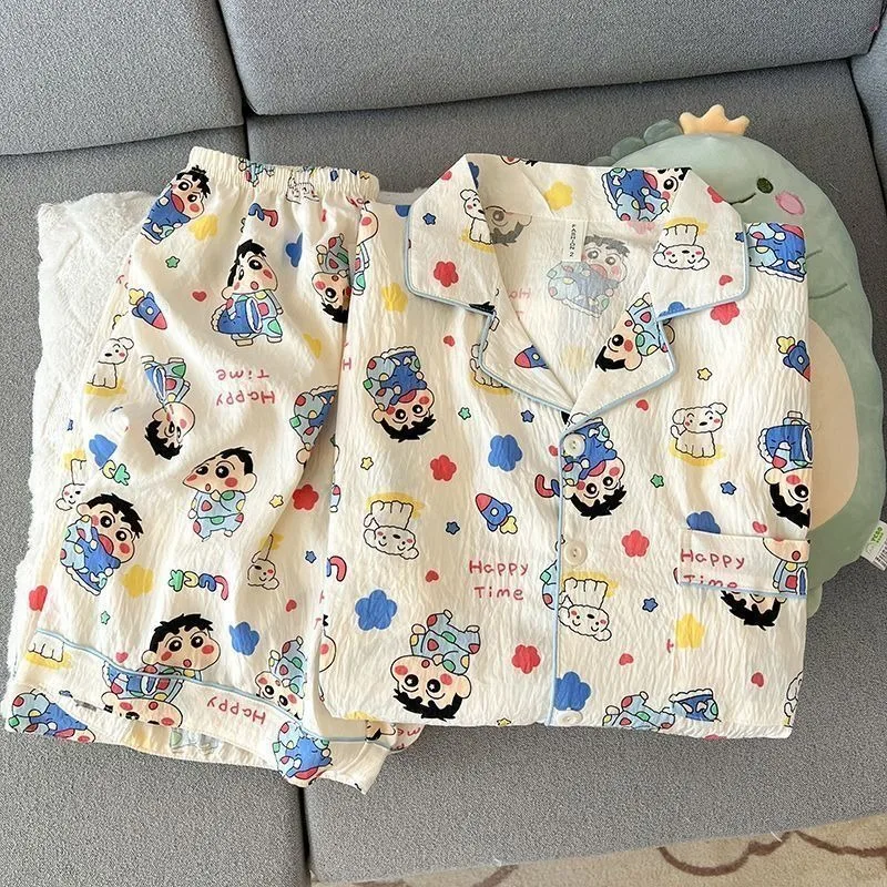 Cute Crayon Shin-chan Fully Printed Pajamas Set Anime Cartoon Summer Soft Short-sleeved Shorts Ins Style Home Clothes