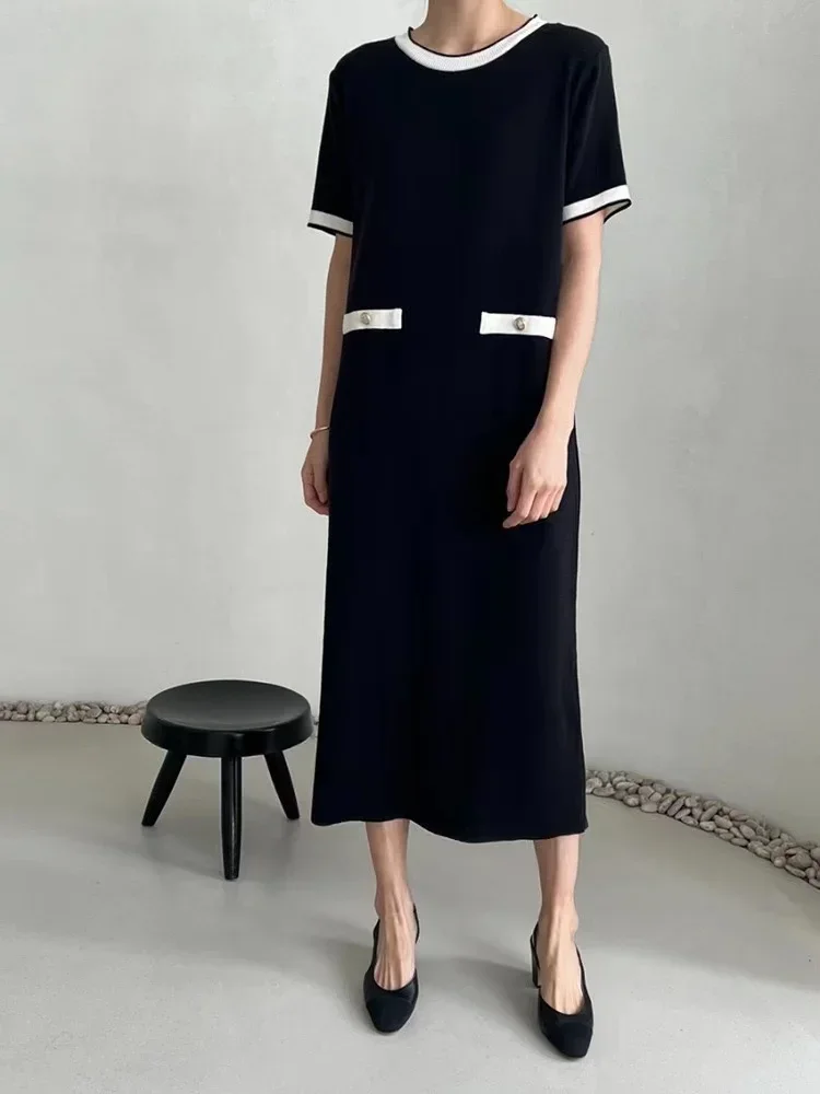 New Elegant French Style Knit Dress Women O-neck Contrast Color Short Sleeve Casual Midi Long Dresses Korean Fashion Vestidos