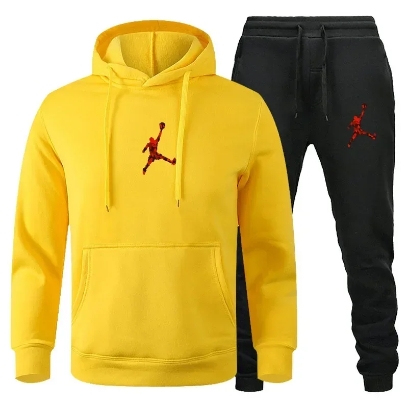 A two-piece set of men's outdoor fitness sportswear for autumn and winter, featuring a hooded pullover and casual pants