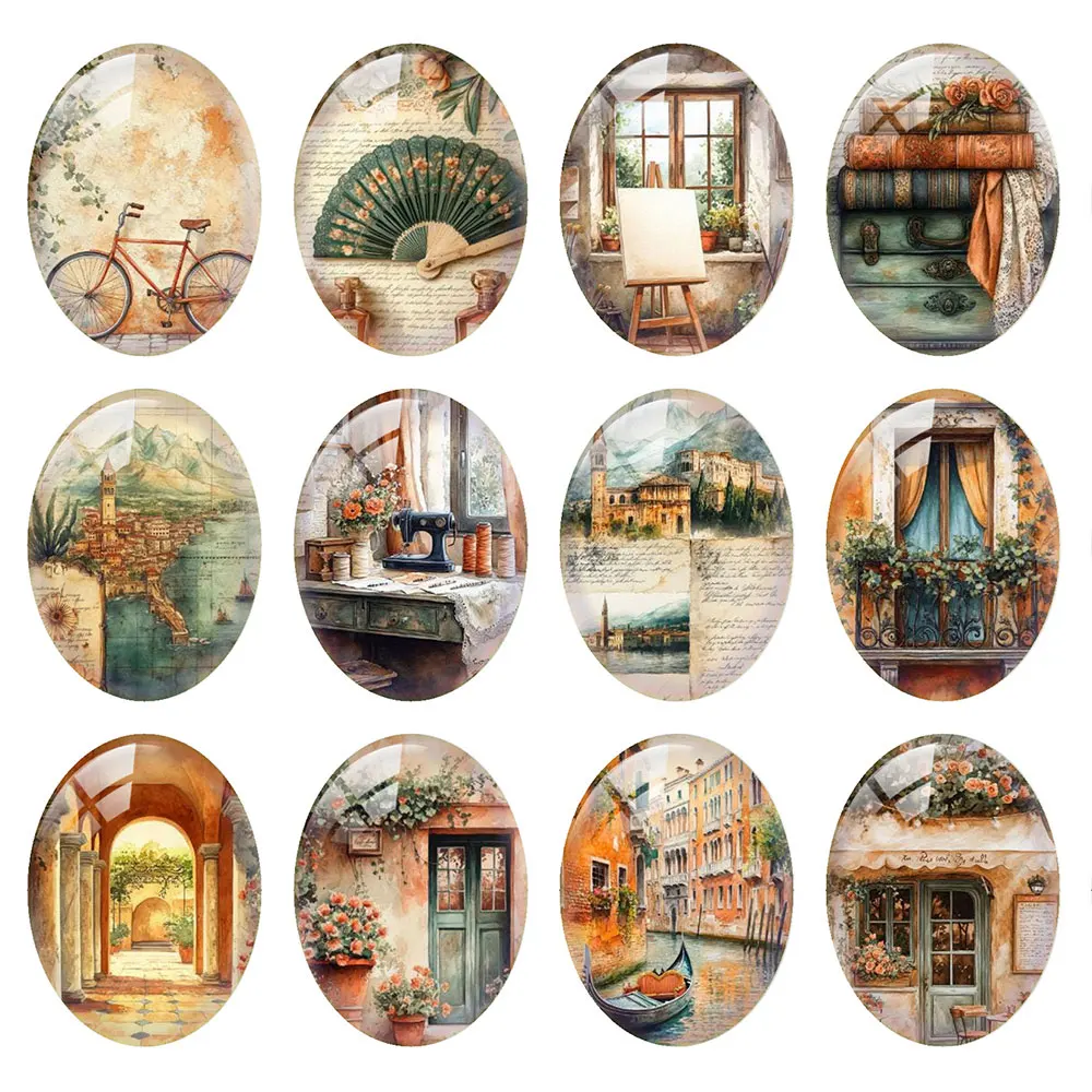 Random Mixed Round/Oval/Square Tuscany Italy Travel Junk Photo Glass Cabochon Flatback Demo Cameo For Diy Jewelry Making