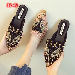 Women Vintage Slippers Flat Shoes Front Closed Toe Kid Suede Korean Style Outdoor Slides Black Pink Non-Slip Chausures Fox Head