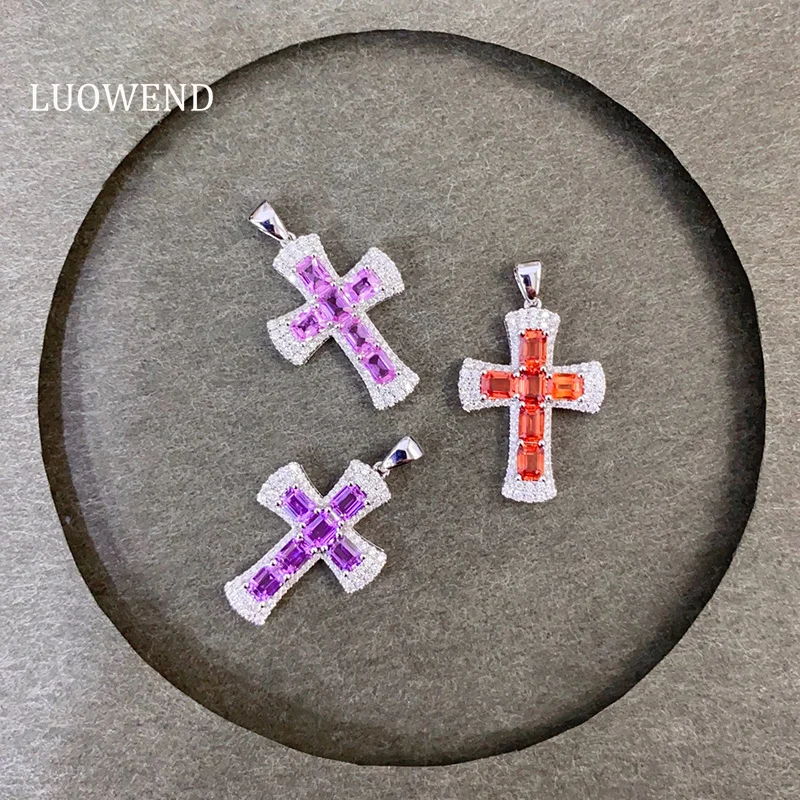 

LUOWEND 100% 18K White Gold Pendant Luxury Cross Pendant Shiny Diamond Natural Sapphire Gemstone Pendant for Women Fine Jewelry