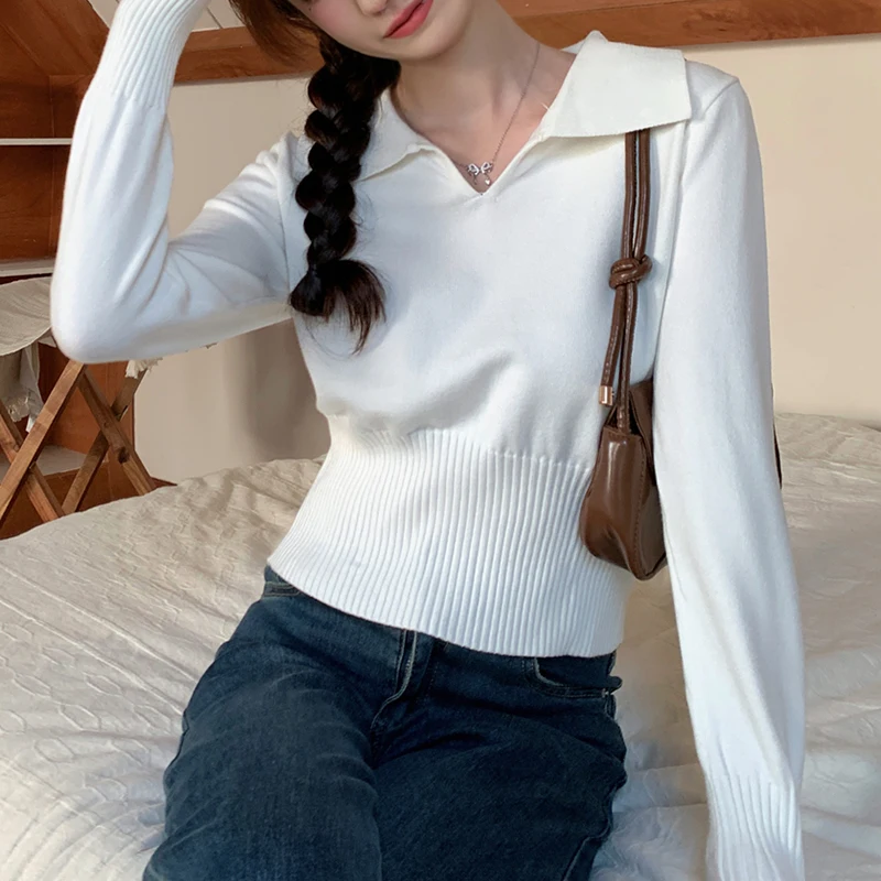 سترة قصيرة بياقة بأكمام طويلة للنساء بلوفر عادي متماسك ناعم رمادي للخريف والشتاء ملابس Y2K للمراهقات