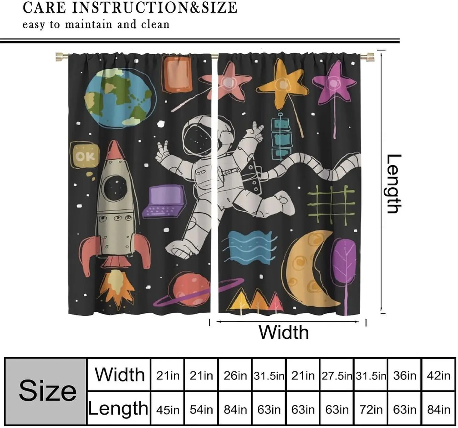 Astronaut Curtains Boys Space Cartoon Funny Spaceman with Earth Moon Blackout Window Treatment Insulated Drapes Decor Curtain