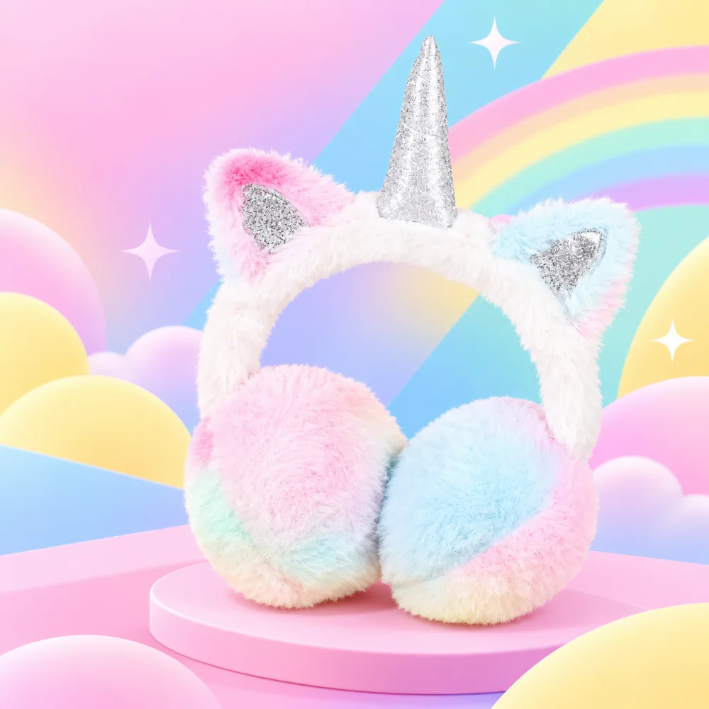 Kids Cute Unicorn Ear Muffs Earmuffs Pastel Plush Cat Ear Headband Silver Glitter Horn Children Winter Outdoor Accessory