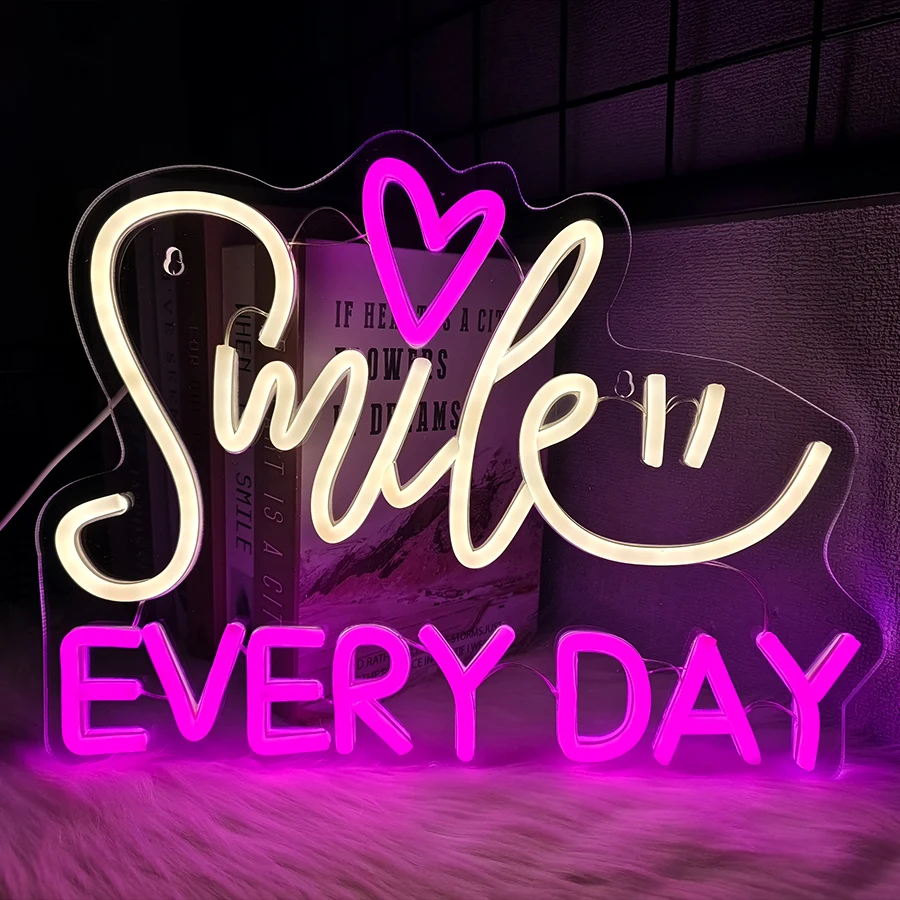 

Smile Every Day Led Neon Sign, Smiling Face Heart-Shaped Icon Usb Powered Light, Used For Room, Club, Office, Wedding Art Decor.