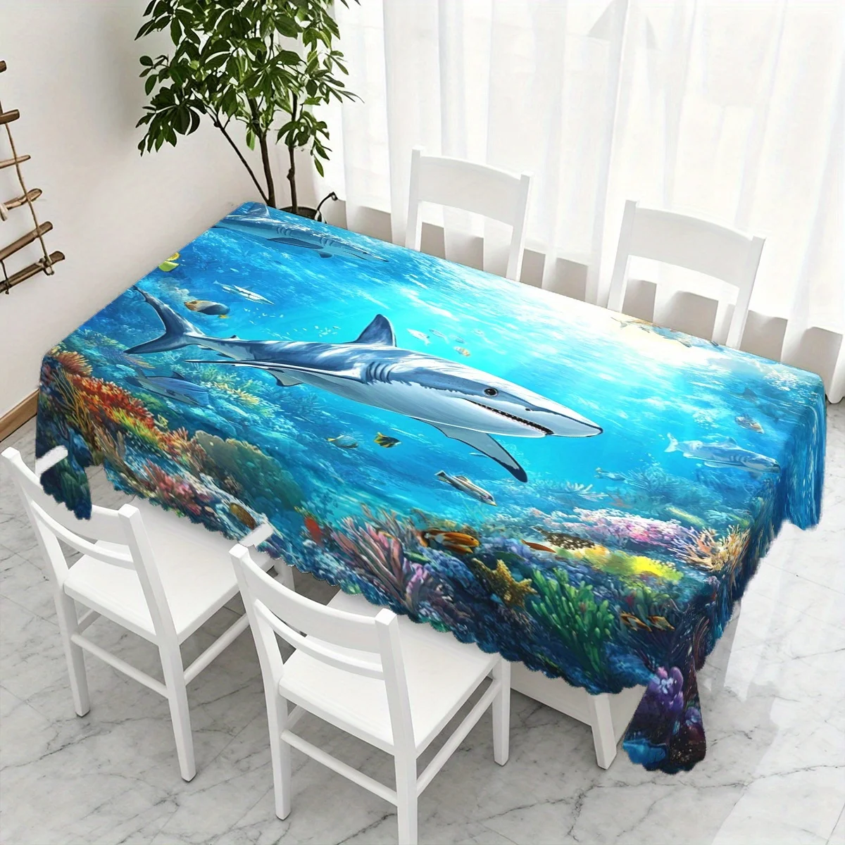 Marine Tablecloth, Big Shark Underwater Seaview Print Cover, Anti-stain Table Cloth, Decor for Dining & Ocean Theme Party Table
