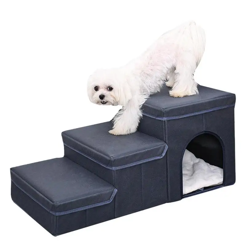 

Dog Stairs Non-Slip Pet Stairs 3-Step Dog Ladder Foldable Dog Steps Portable Pet Step Stairs with Pet Toy Storage Box