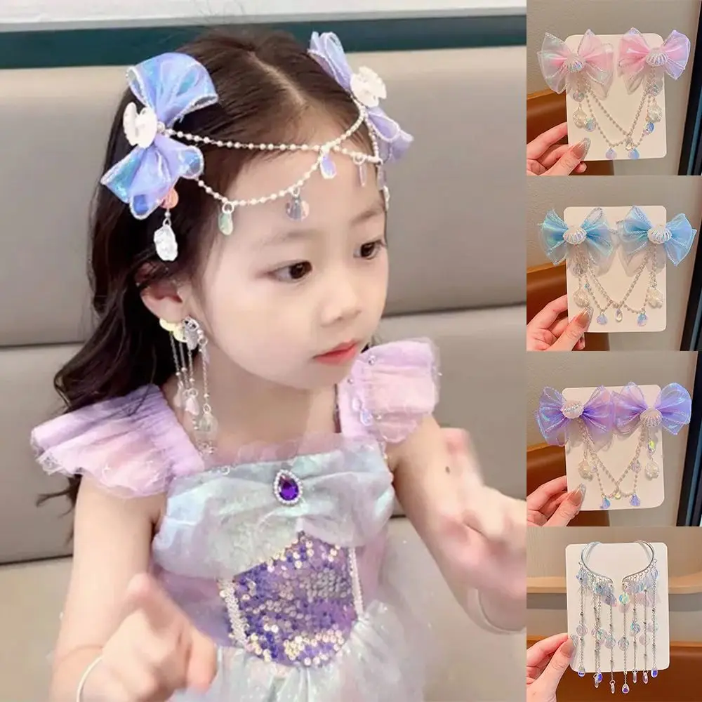 Fashion Fringe Mermaid Princess Forehead Chain Bow Tassel Baby Head Wear Pearl Shell Decoration