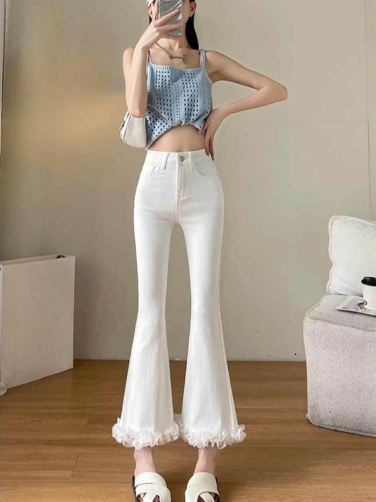 

Floral Lace Flared Jeans for Petite Women 2026 Spring High Waist Slim Fit Bootcut Pants