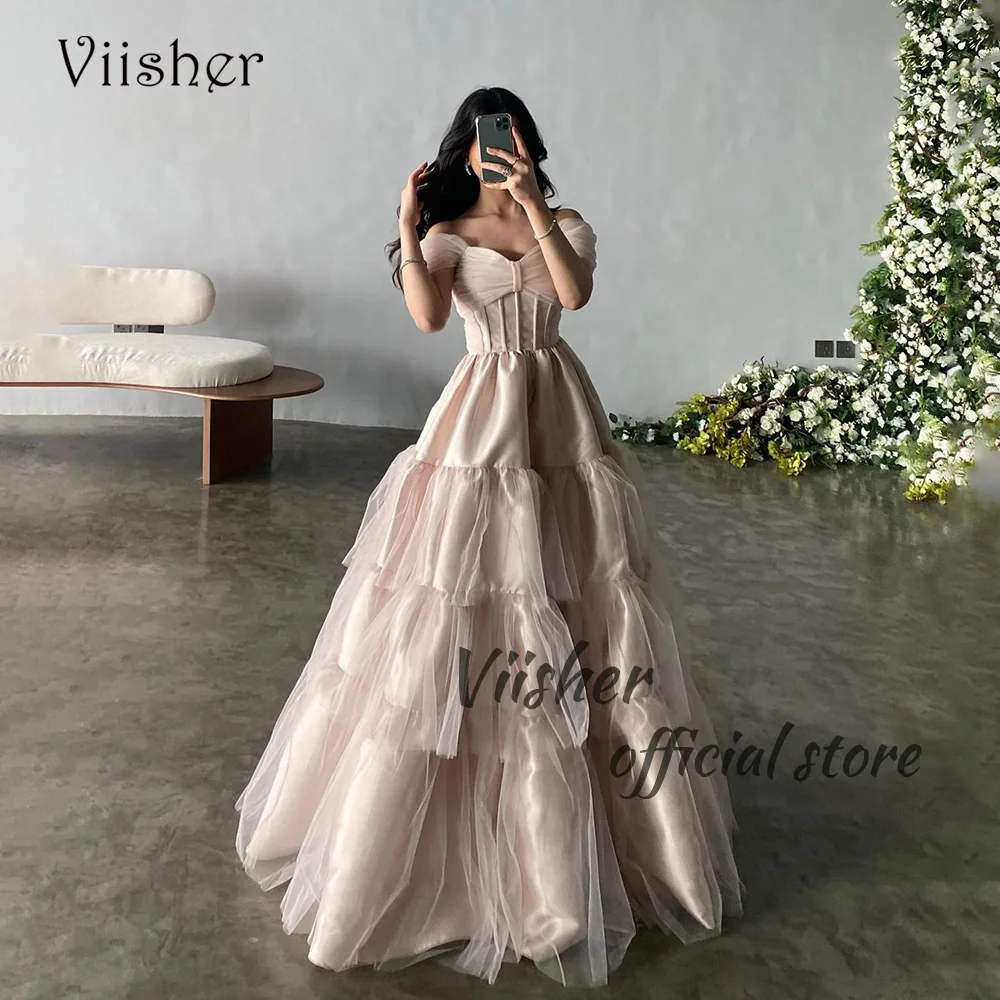 

Viisher Arabic A Line Evening Dresses Off Shoulder Tulle Satin Sweetheart Prom Party Dress Dubai Celebrate Event Gown