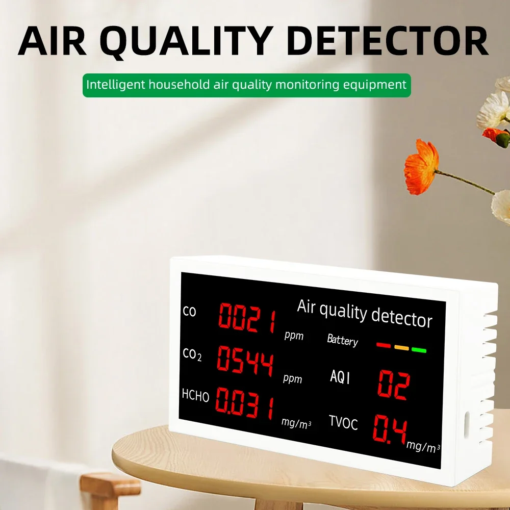 5 in 1 Air Quality Monitor Home Air Quality Detector Pollution Tester CO/CO2/HCHO/AQI/TVOC Real-time Monitoring With LED Screen