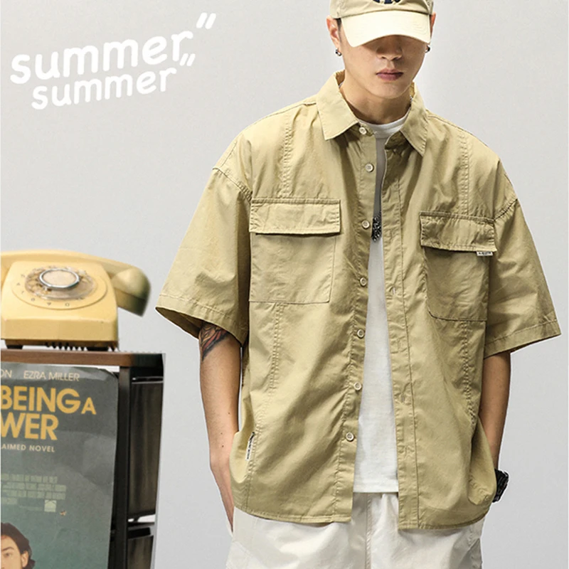 Summer Japanese Cargo Short Sleeve Shirt Men Pockets Button Turn-down Collar Shirts Fashion Casual Cardigan blouses Tops