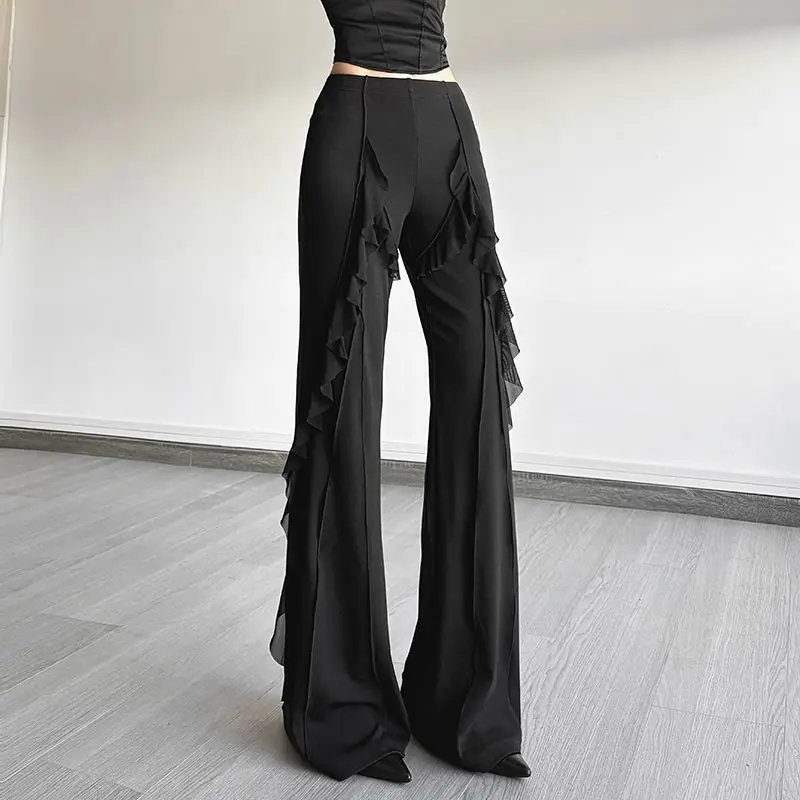 Retro Style Ruffle Leaf Edge Splicing High Waist Micro-pull Pants Women's Design Sense Slim and Thin Trousers Tide