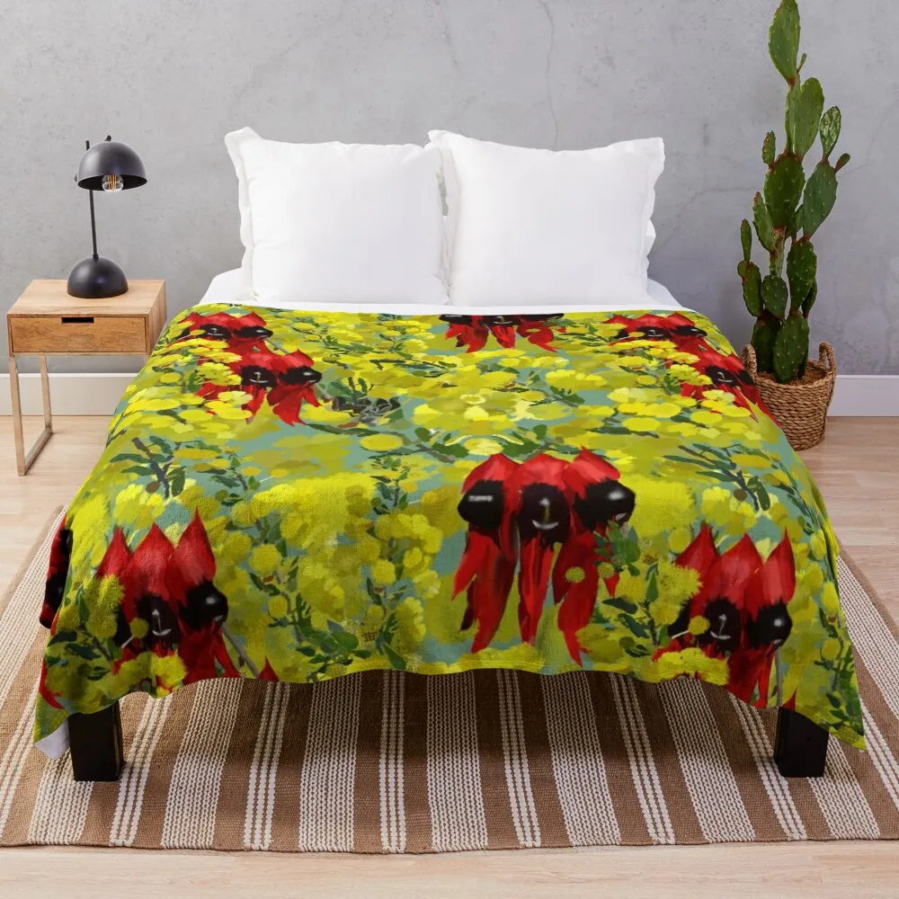 Wattle-It-Be' Wattle and Sturt Desert Pea Native Flower Seamless Textile Design Throw Blanket Plaid Bed linens Blankets