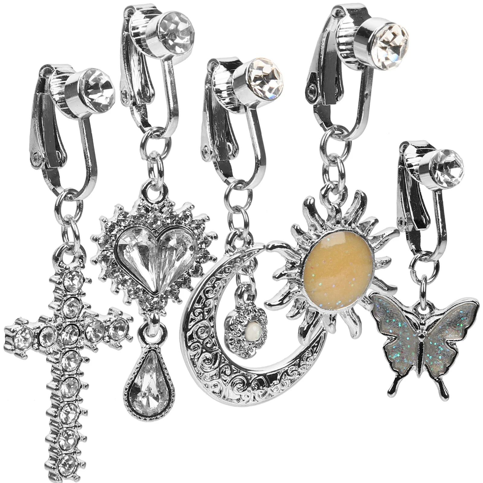 

5 pcs Belly Button Rings Women Non Piercing Body Jewelry Stainless Steel Dangle Navel Ring Fake Belly Ring Fashionable Sparkly