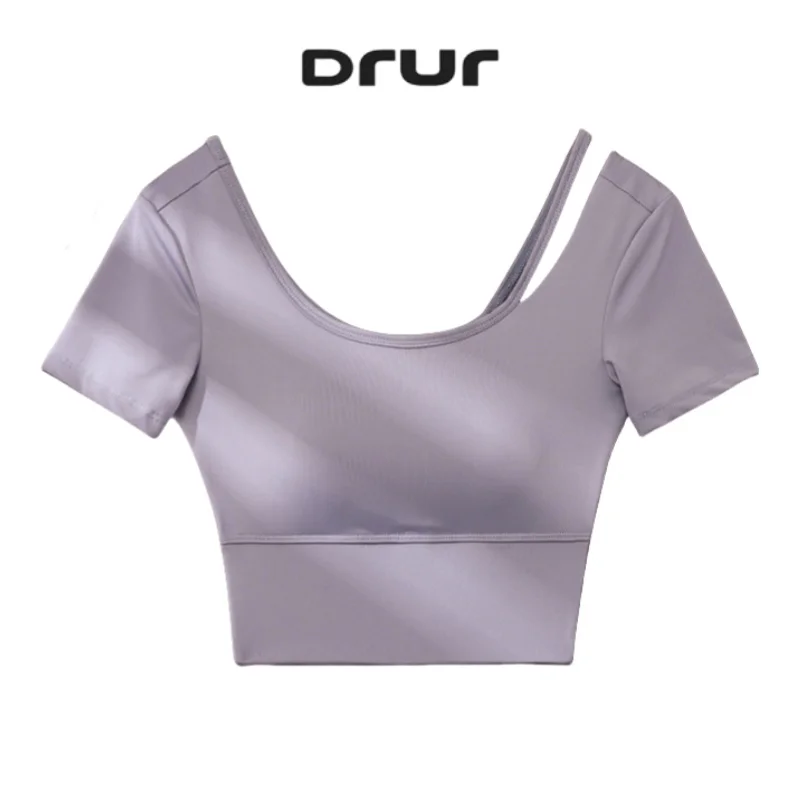 

Летние топы для йоги DRUR, женские встроенные бюстгальтеры с короткими рукавами, легкая асимметричная облегающая рубашка для бега, спортивная одежда, одежда для спортзала, новинка