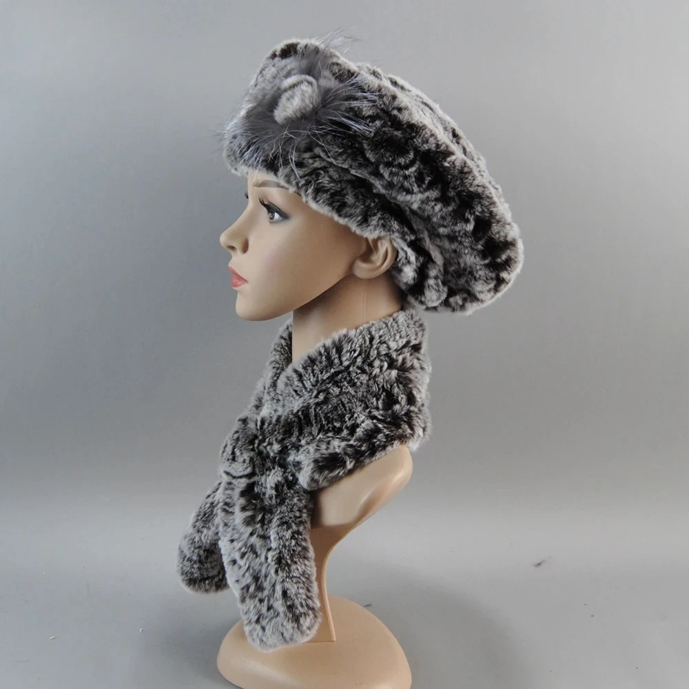 2026 New Winter Rex Rabbit Fur Hats Scarves Women Fashion 100% Genuine Knit Fur Caps Scarves Sets Lady Warm Real Fur Hat Muffler