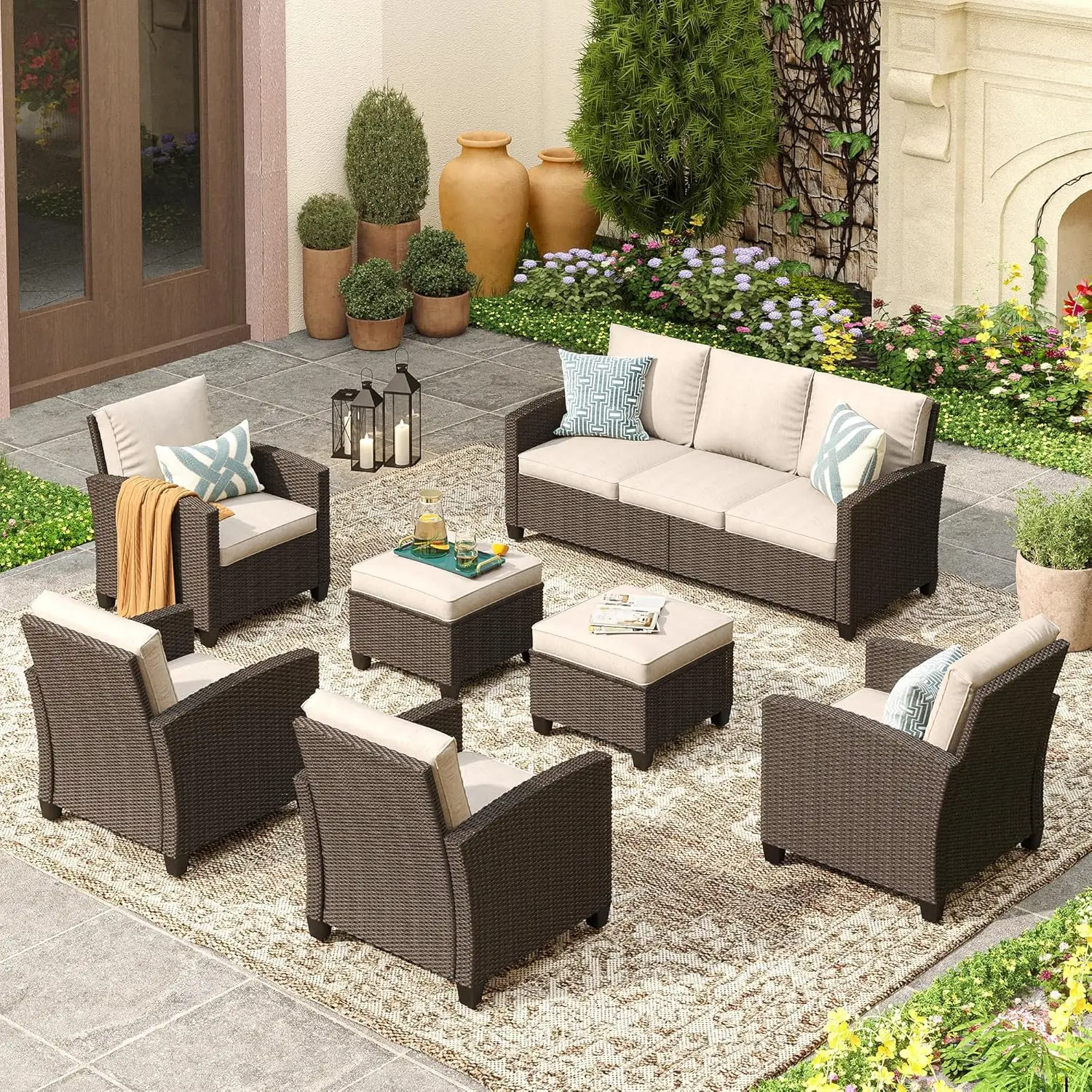 

7 Pieces Wicker Outdoor Conversation Set, 3-Seat Sofa with 4 Single Sofa Chairs and 2 Ottomans for Garden, Poolside, Backyard