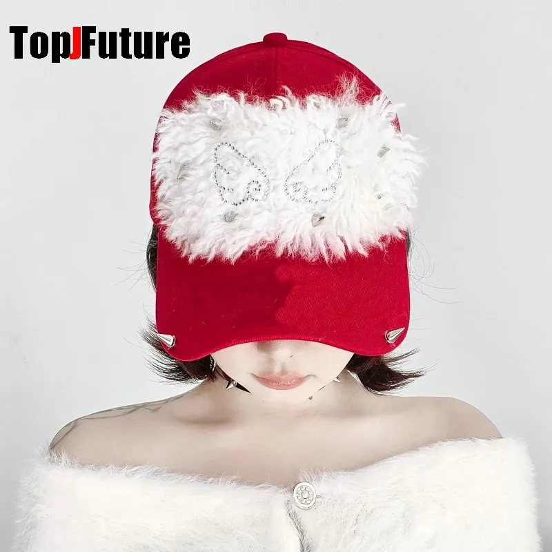 Steampunk Gothic Girl Subculture Women's Harajuku  Japanese Hat Red lamb wool rivet hot fix cowboy sun hat baseball cap