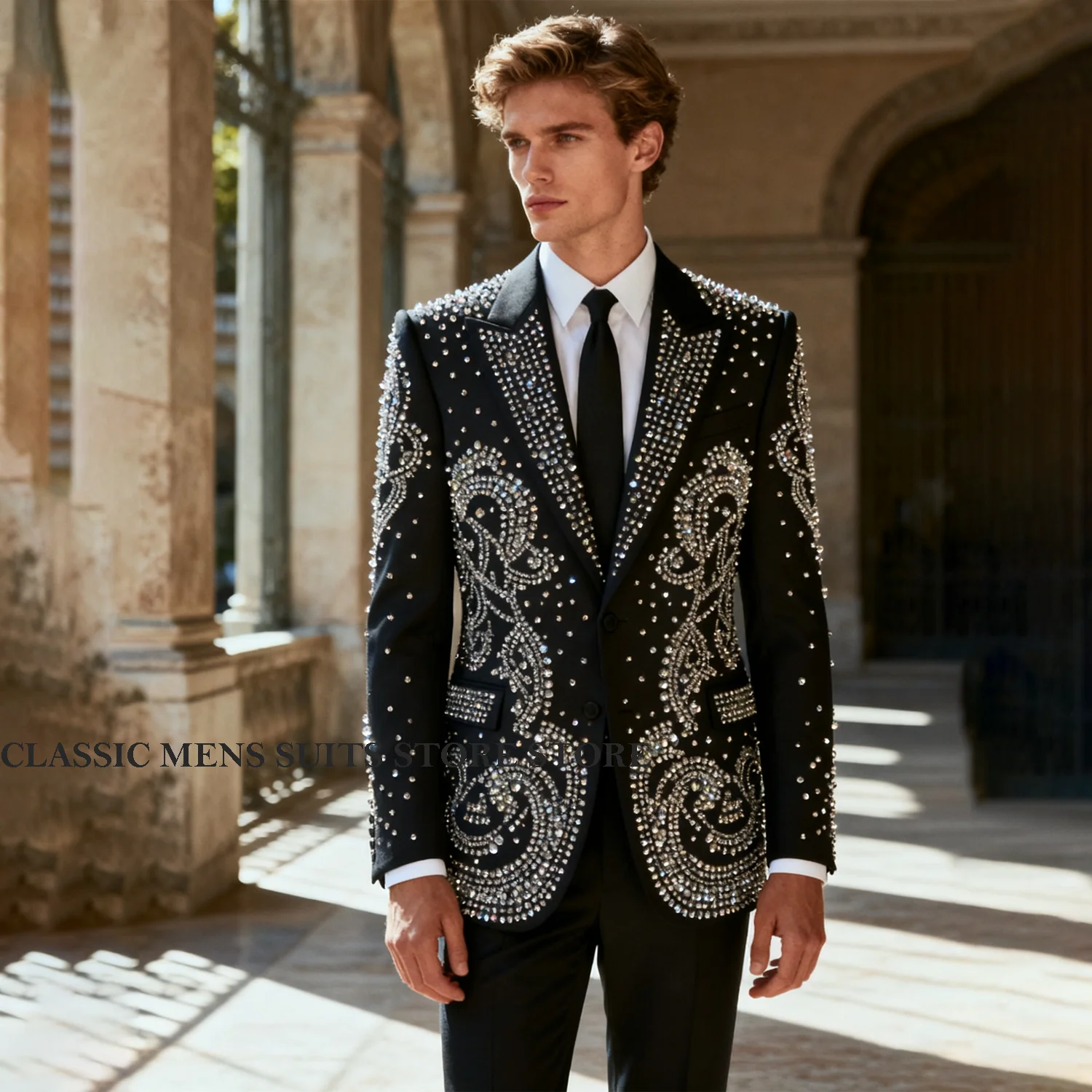 

Элегантные мужские костюмы с металлическими украшениями, комплекты из 2 предметов, вечерние костюмы для выпускного вечера по индивидуальному заказу, костюм Homme Weddinmg, облегающие смокинги для жениха