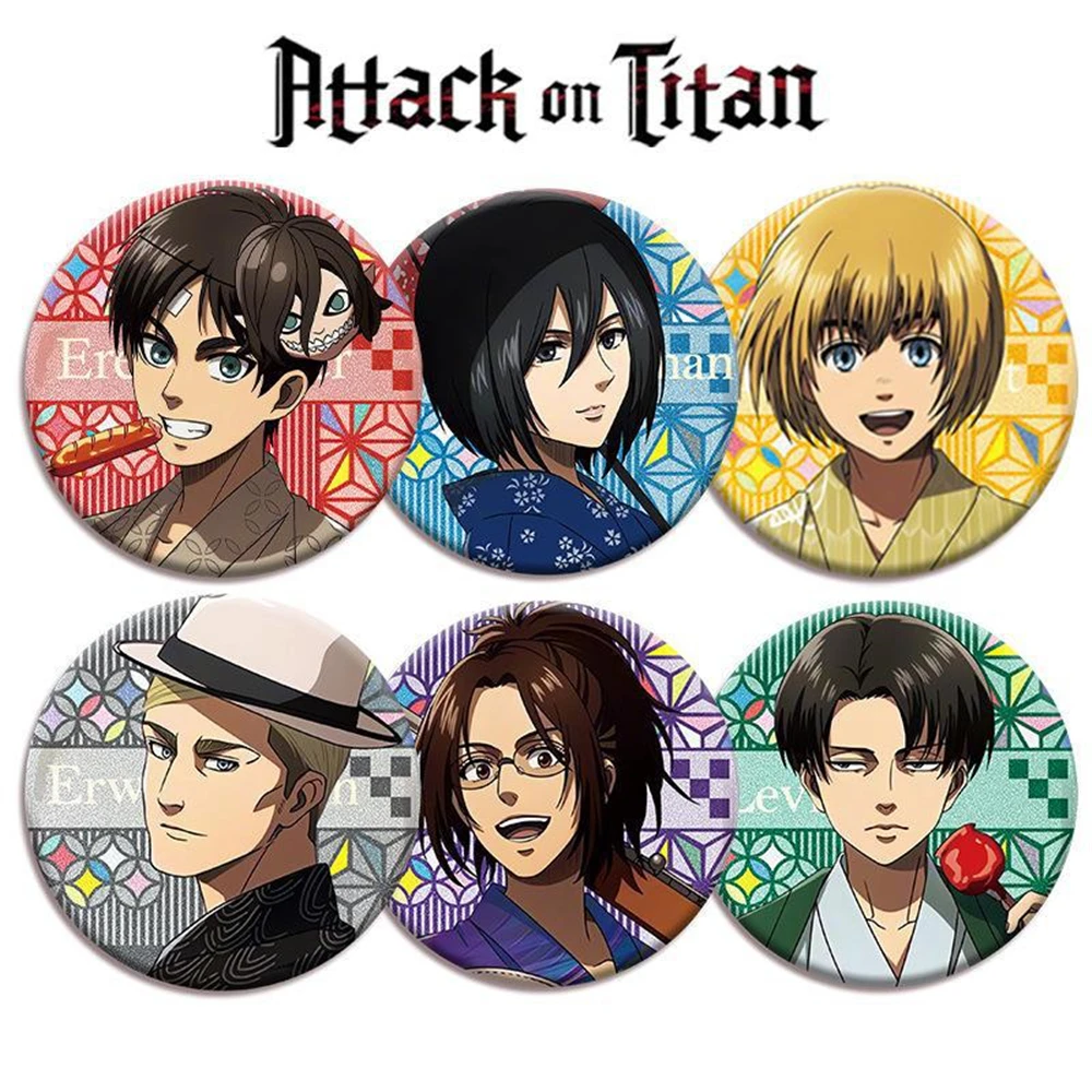 58mm Anime Attack on Titan Mikasa Ackerman Allen Yeager Cosplay Costume Badge Pin SPTE Tinplate Brooch Accessories Prop