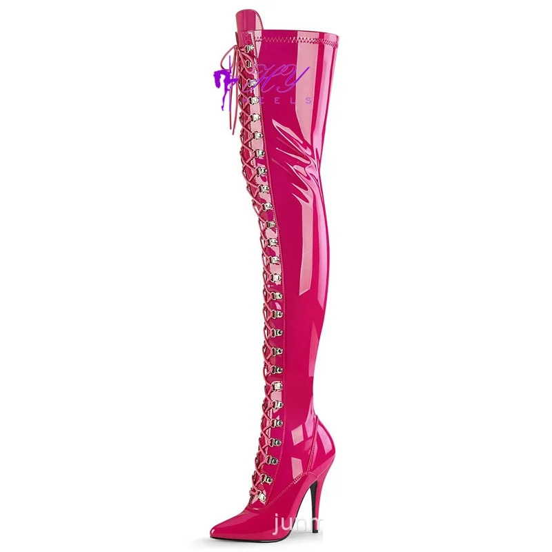 CACA 12CM Women Thigh Boots,Pole Dancing Shoes,Men Cosplay High Heels Botas,Pointed Toe,Front Laces,DIY,Big 44,45,46,Dropship