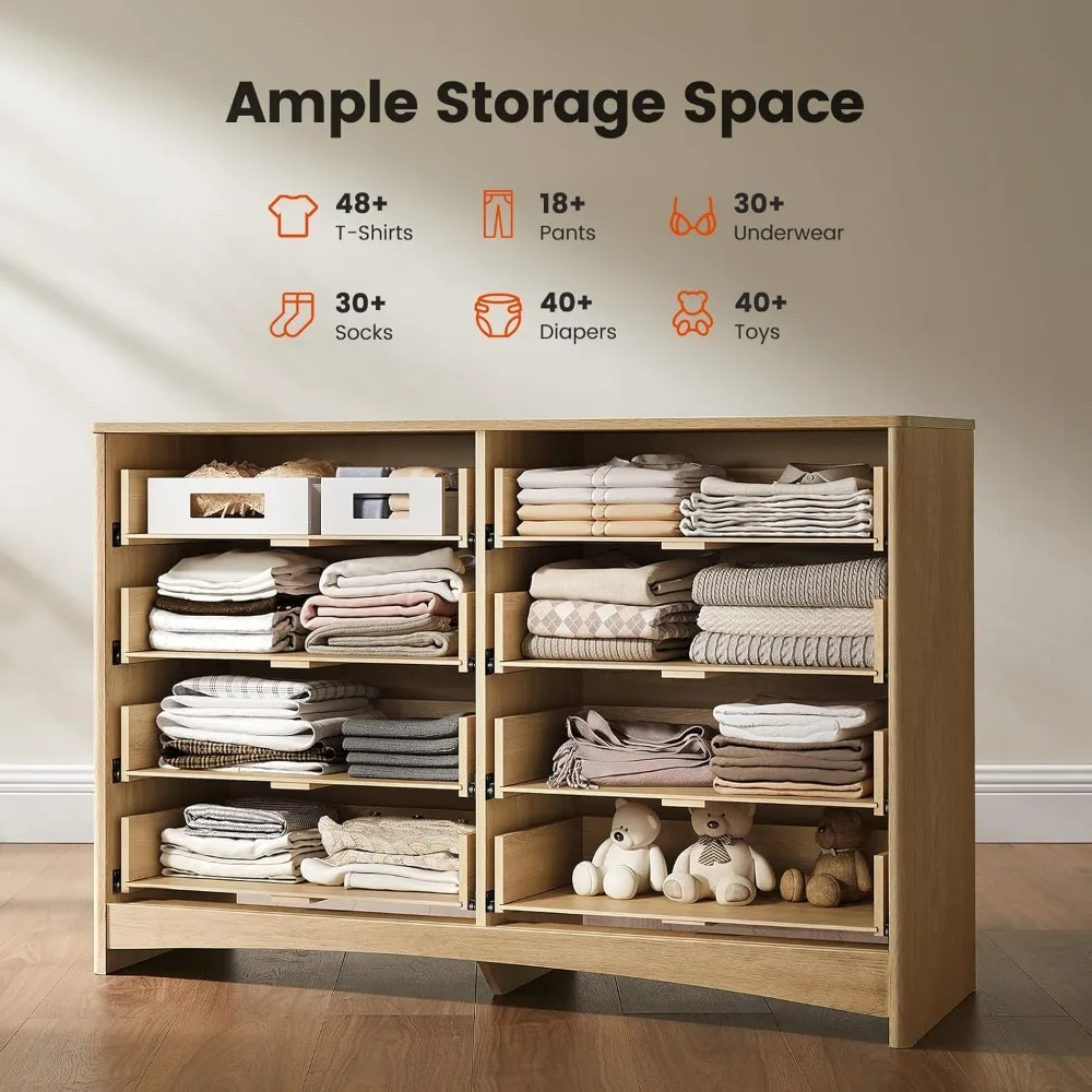 Amada Cômoda contemporânea de madeira com 8 gavetas e bordas arredondadas e slides embutidos, cômoda com suporte de TV com design canelado