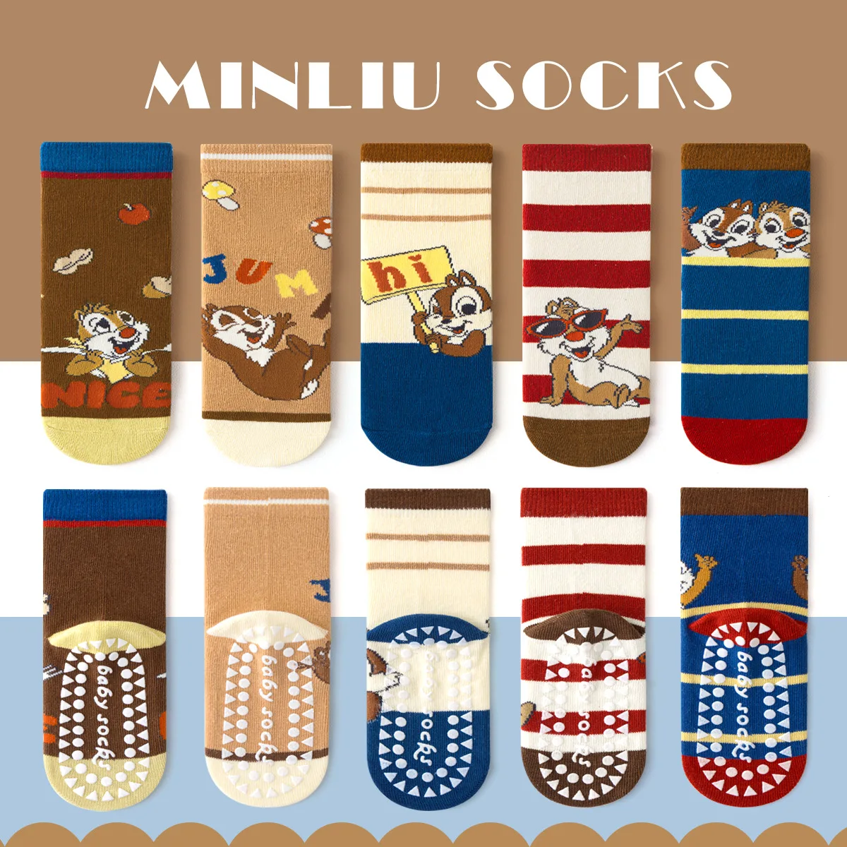 

5Pairs Disney Chip & Dale Children's Socks Autumn Winter Boys Cute Cartoon Medium Socks Anime Kids Cotton Anti-slip Socks Gift