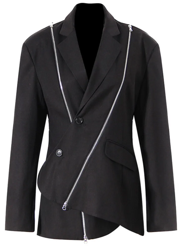 [MODX] Blazer irregolare con cerniera bianca Donna Nuova giacca ampia a maniche lunghe con intaglio Moda marea Primavera Autunno 2024