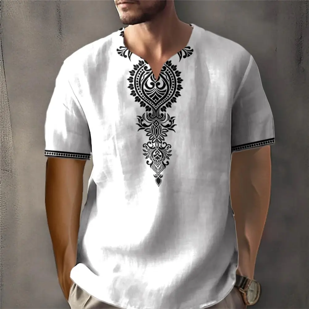 Vintage T-shirt For Men African Traditional Ethnic Style Print T-shirt Loose V-Neck Short Sleeved Tee Oversized Men Clothing Top