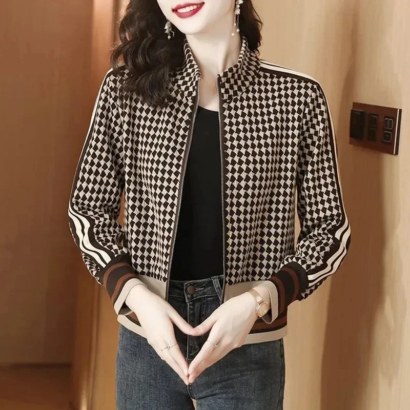 Plaid Printed Jacket Women Spring Autumn New Coat Splicing Short Long Sleeve Outwear Ladies Fashion Baseball Uniform Tops Female