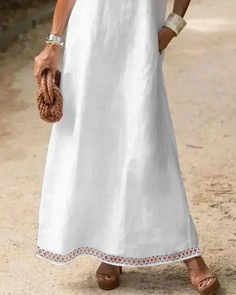 Vestido Casual Solto com Decote em V e Recortes em Renda, Estilo de Rua F, Saia Longa de Poliéster com Silhueta em A, ...