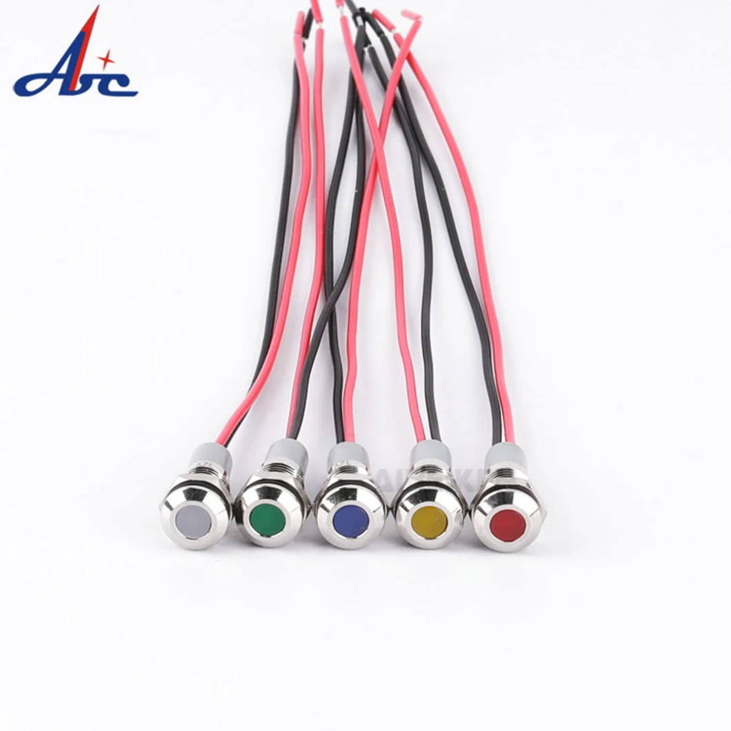 20PCS 8MM Flat Head LED Metal Indicator Light Flat Head 3-6V/12-24V/110V/220V Industrial Signal Pilot Lamp with 150MM Cable