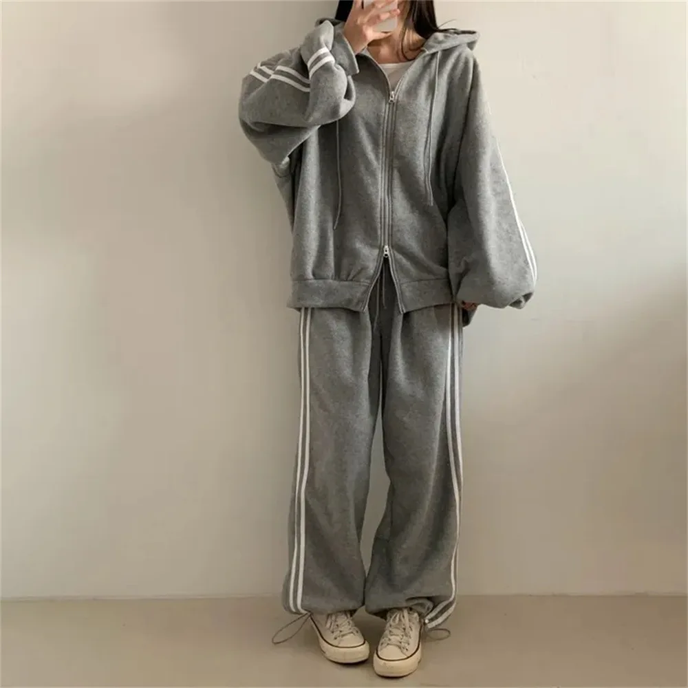 Zippered Hoodie Casual Cotton Blend Loose Fit Sportswear Women's Style Spring Autumn Grey Korean Fashion Set Long Sleeve Pants