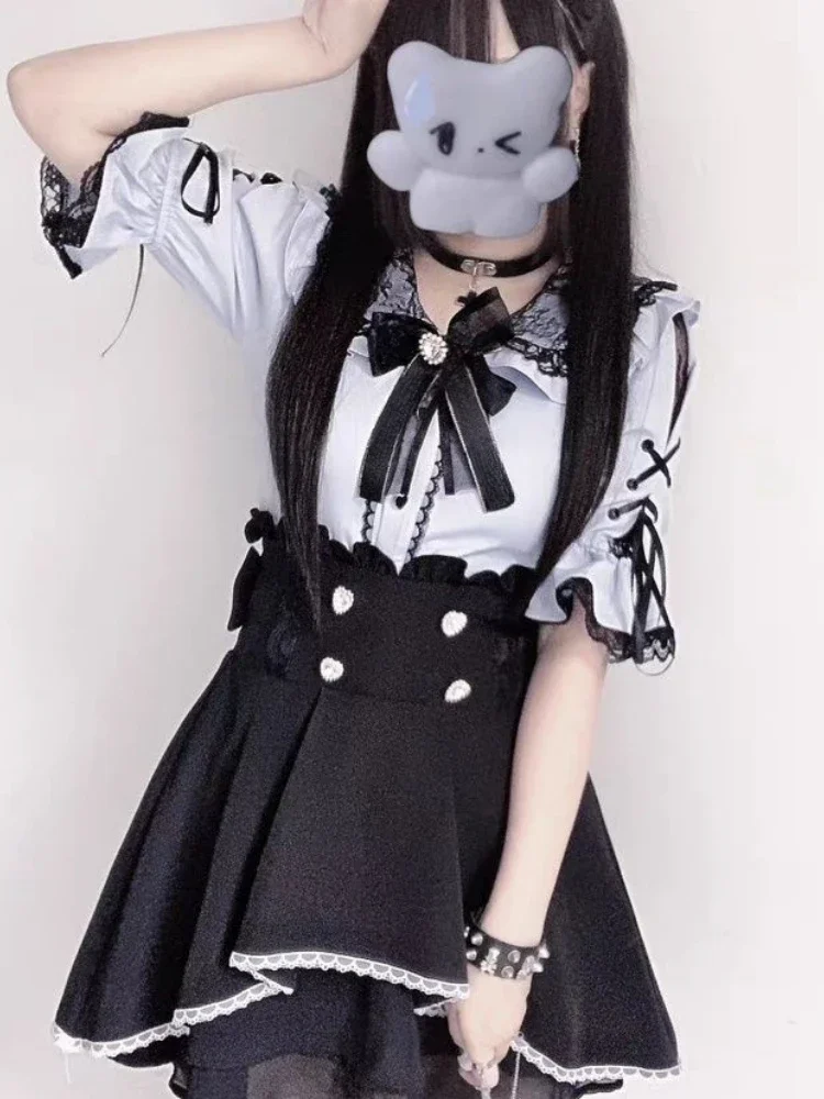 Japanese Kawaii Girl Lolita Flare Sleeve Shirt Y2k Aesthetic Summer Lace Patchwork Sweet Blouse Women Jk Bow Grunge Cute Tops