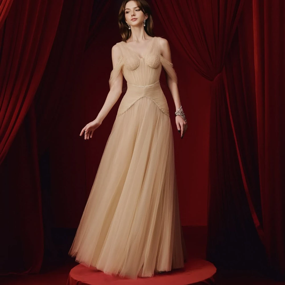 Nude A‑Line Evening Dress Deep V Neck Soft Tulle Fabric Boned Corset Bodice Detachable Flutter Sleeves Peplum Waist Design view 4