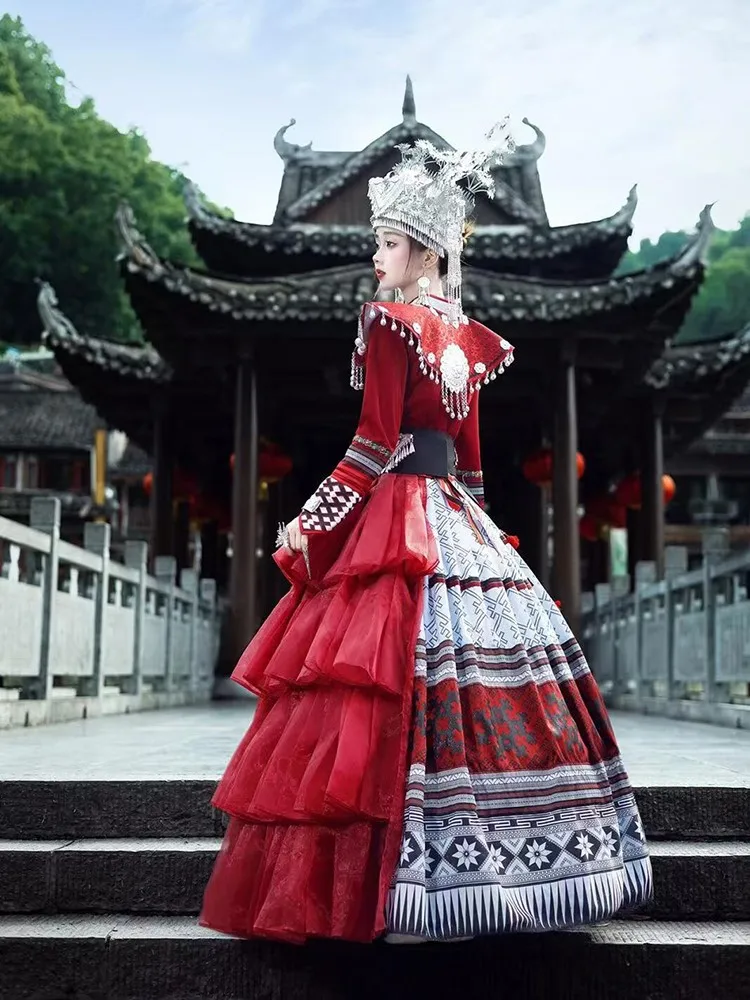 

New costume Red stand-up collar long-sleeved top three-dimensional long dress exotic performance