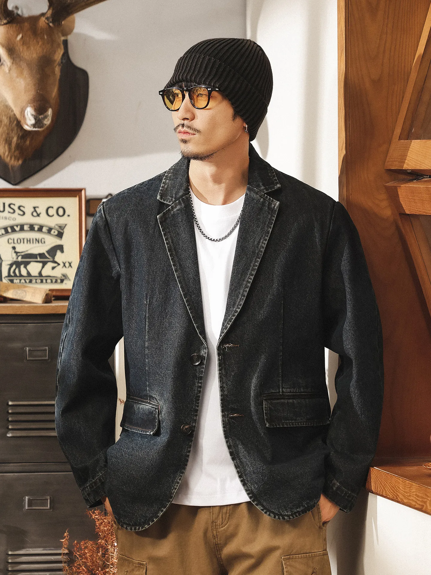 

Men's American Vintage Amekaji Casual Denim Blazer Heavy-Duty Washed Workwear Jacket for Spring/Autumn Plus Size 4XL