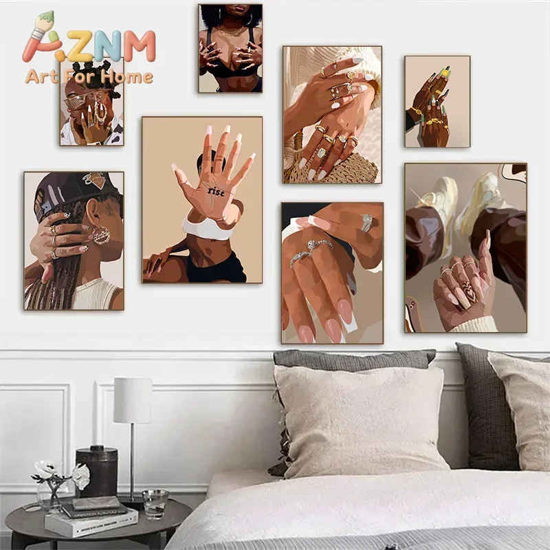Boho Women Fashion Canvas Wall Art Luxury Nail Art Jewelry Makeup Portrait Poster Modern Wall Decor Bedroom Salon Beauty Shop