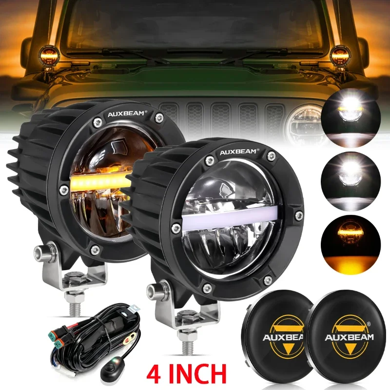 AUXBEAM 2pcs 4 Inch 110W 11000LM LED Work Light with Amber DRL for Truck Pickup Offroad